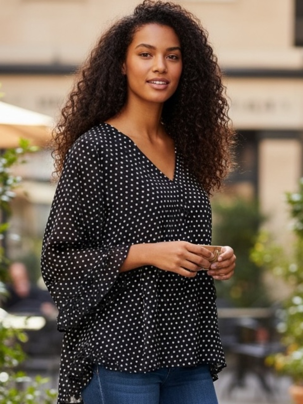 Calvin Klein Black and White Bell Sleeve Blouse